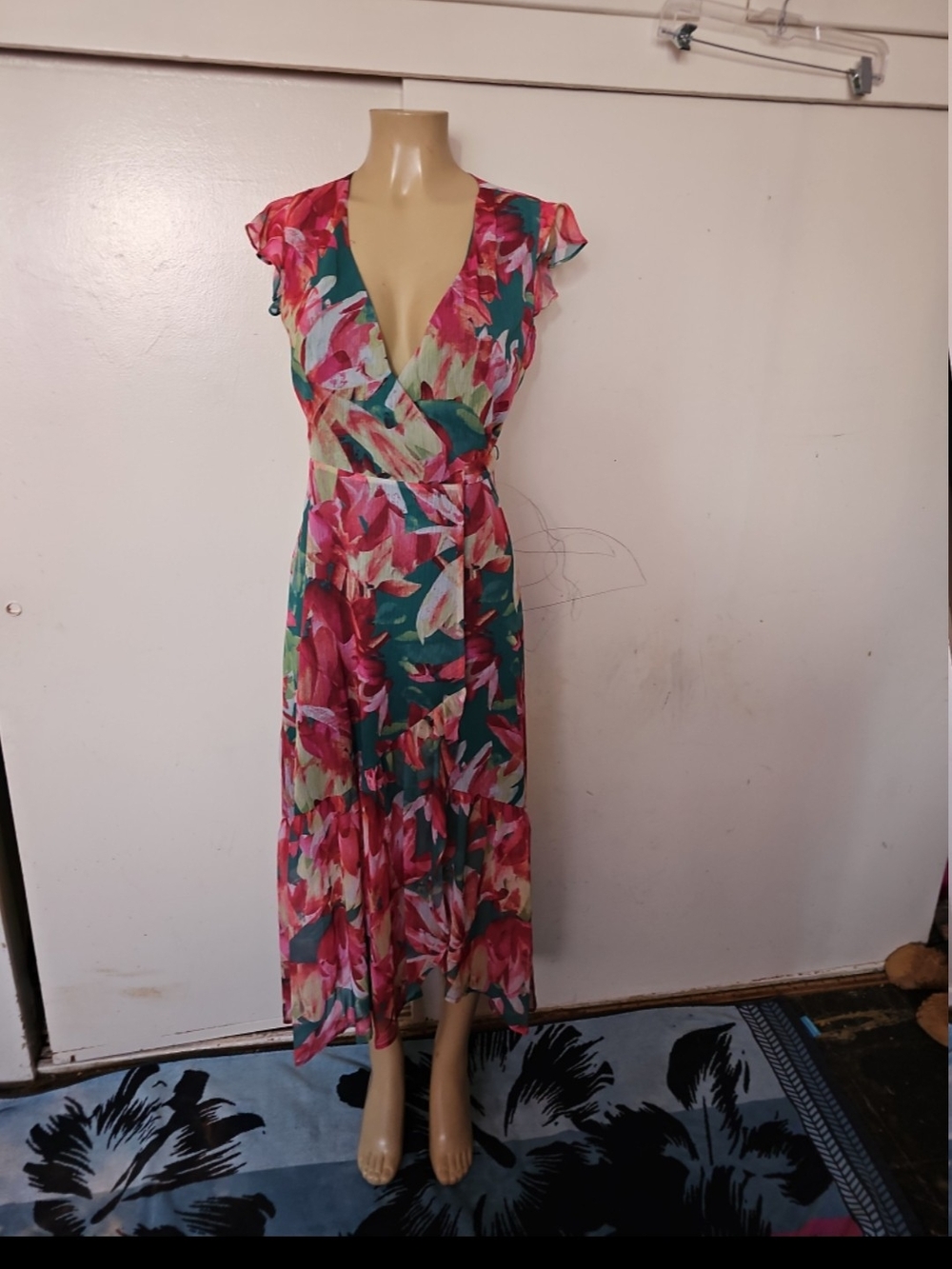 Floral Wrap Midi Dress in Teal and Pink